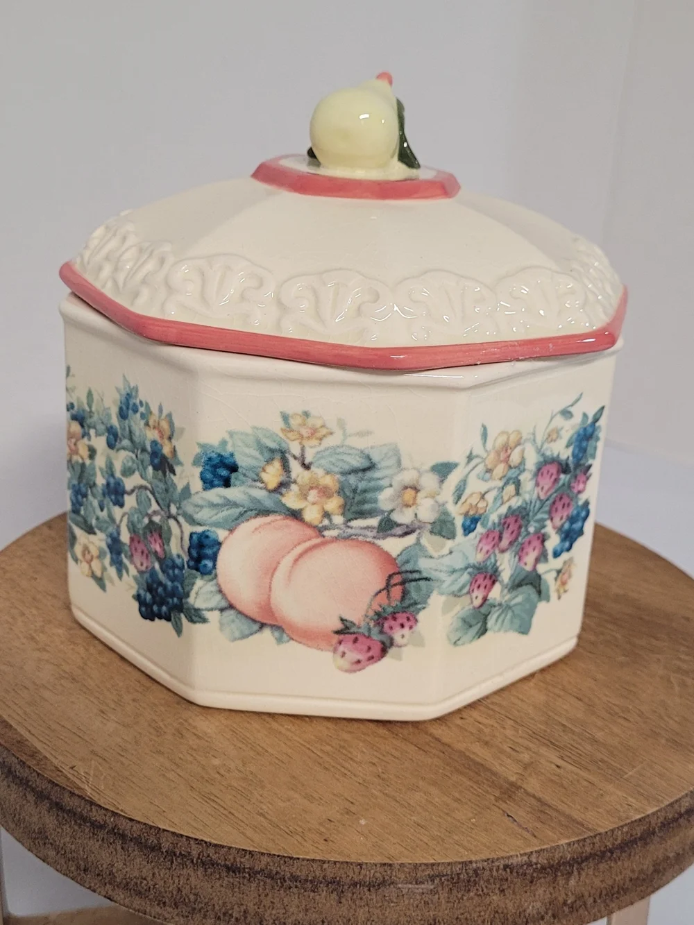 Octagonal Vintage Avon Fruit Motif Ceramic Canister with Pear Lid Accent
